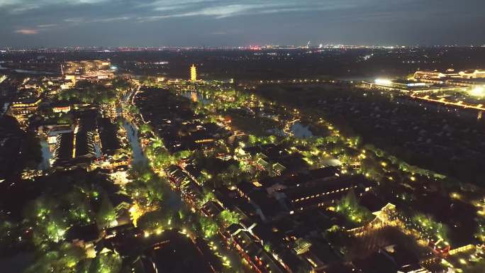 航拍江南水乡乌镇古镇夜景