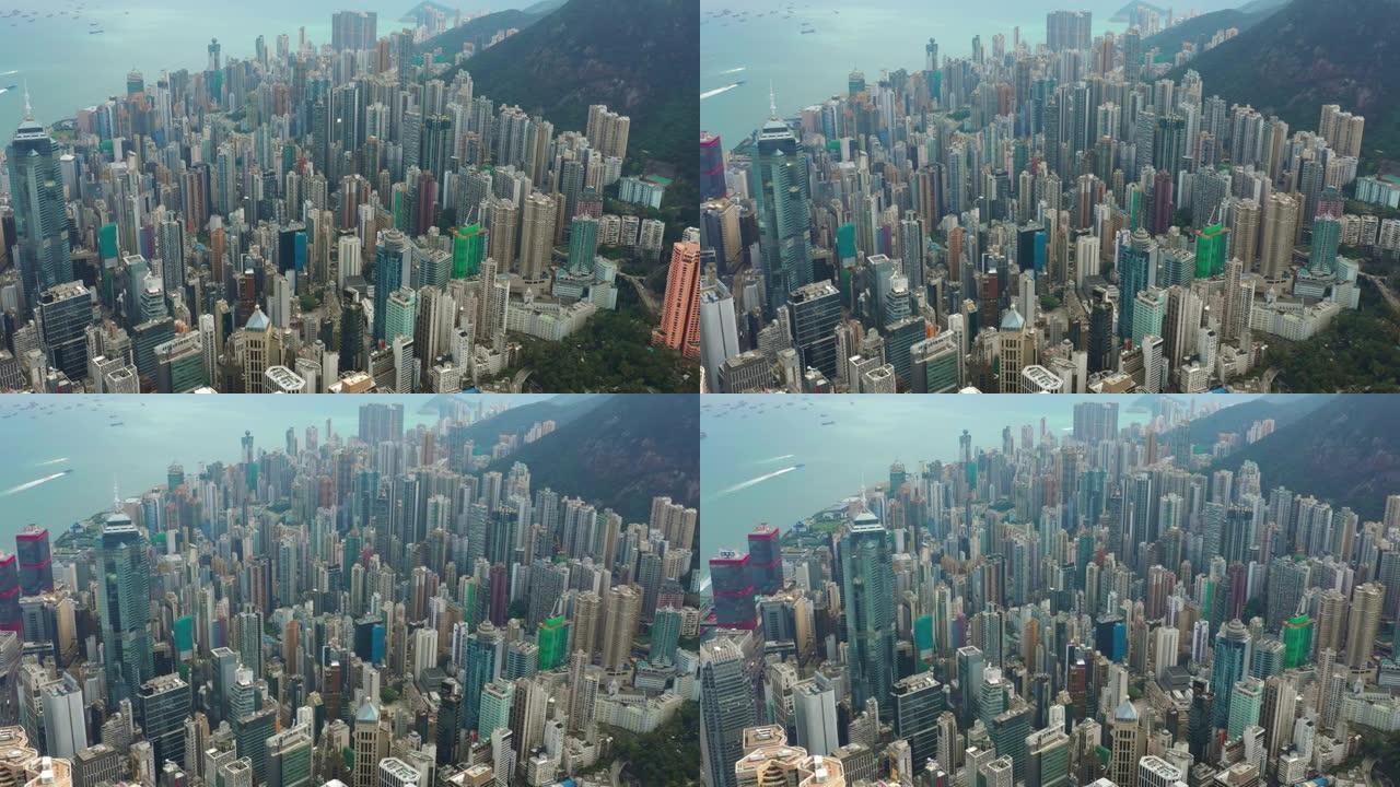 晴天飞越香港城市景观市中心生活区空中全景4k