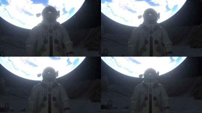 在地球的背景下，独自一人站在月球表面