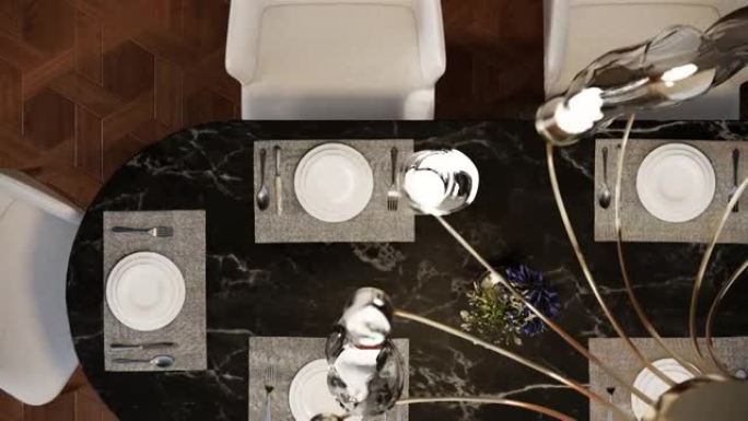 现代豪华餐厅室内设计，配有黑色大理石餐桌和吊灯，鸟瞰图左侧拍摄