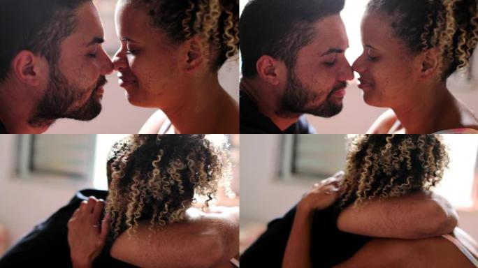 西班牙裔夫妇爱斯基摩人之吻。拉丁美洲男人和女人拥抱