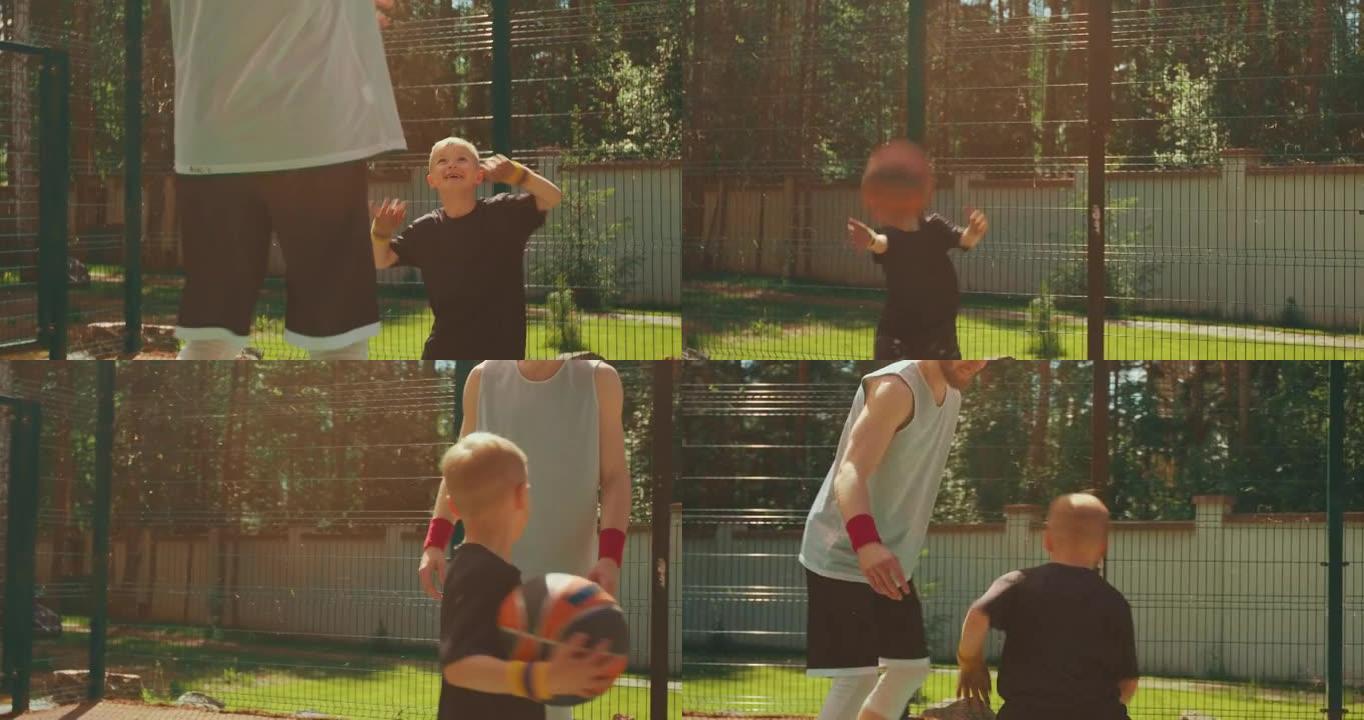 年轻男子篮球运动员运球的手持射击，在打街球时越过后卫男孩