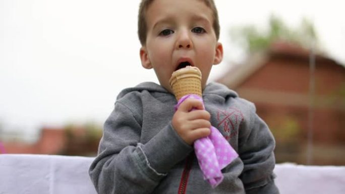 可爱的小男孩在后院吃冰淇淋
