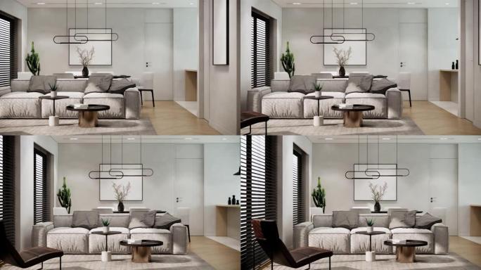 现代斯堪的纳维亚家具房间的室内设计。当代公寓风格。房间有大窗户，潘左拍视频4k动画