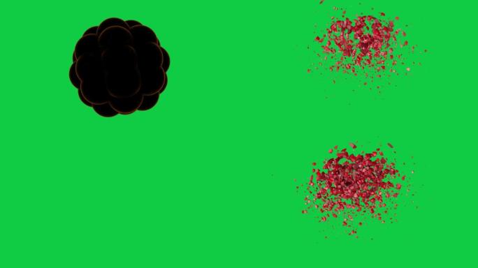 几个圆球的破裂和破裂-爆炸细菌-爆炸原子核-彩色爆炸动画，可循环-循环4k爆炸球-3D球臂-红色