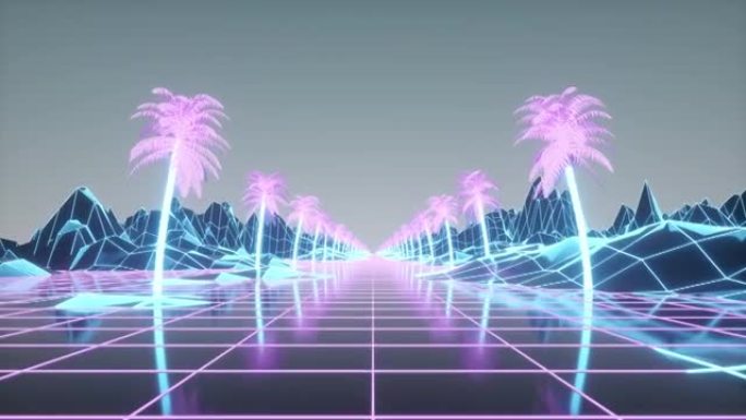 复古未来动画。摄像机向前移动棕榈树小巷。复古80年代风格合成波背景