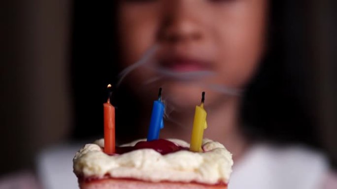生日快乐蛋糕。可爱的亚洲儿童女孩在生日蛋糕上看着和吹蜡烛，感到快乐，享受，快乐。庆祝和幸福的概念。