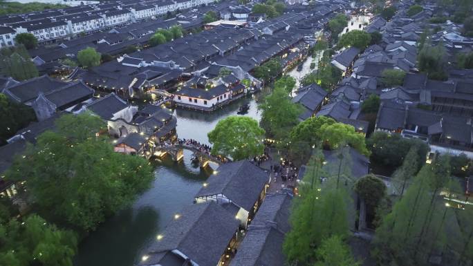 航拍江南水乡乌镇古镇夜景