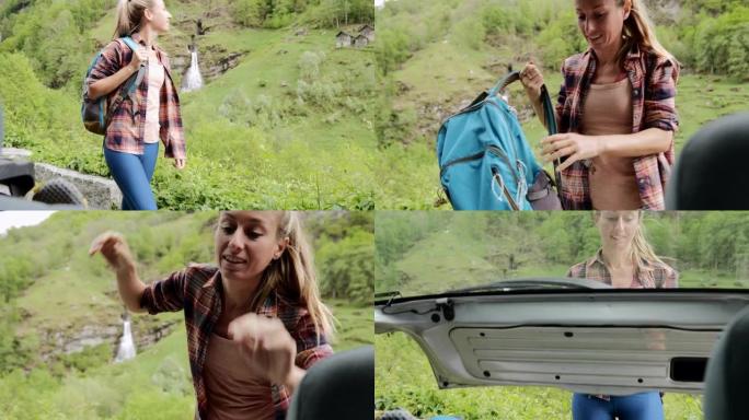 年轻女子将背包装在汽车后备箱中。女徒步旅行者返回她的车辆装载她的背包