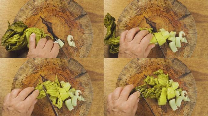 亚洲老太太用刀在木板上切酸菜。准备烹饪健康菜单。泰国菜。亚洲食物。