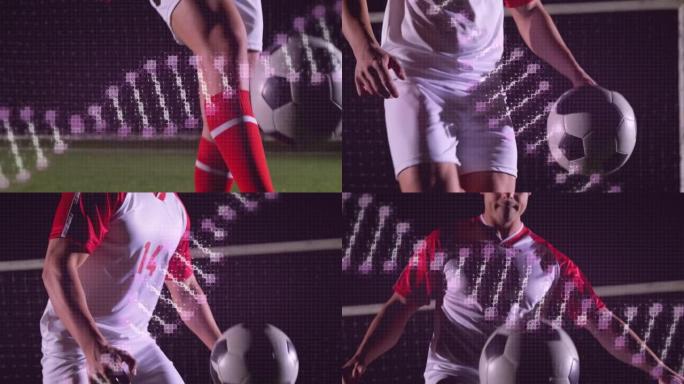 在足球运动员上旋转dna链的数字接口动画