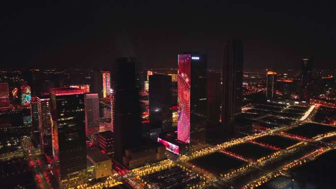 天津于家堡滨海新区CBD写字楼航拍夜景