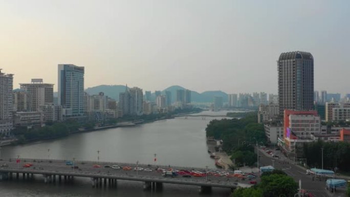 日落时间海南岛三亚城市景观交通桥空中全景4k中国