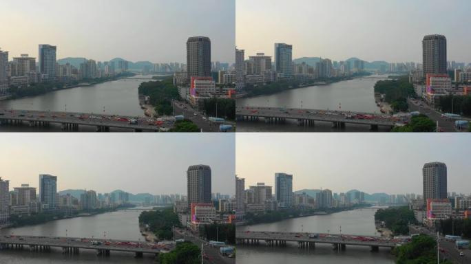 日落时间海南岛三亚城市景观交通桥空中全景4k中国