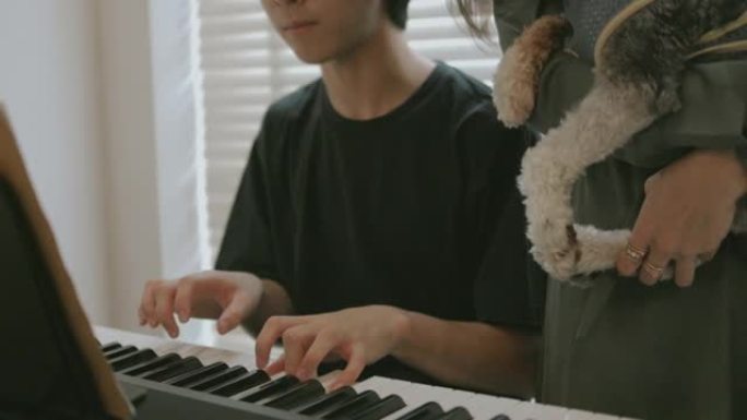 少年儿子在客厅的母狗旁边弹电子琴的手特写-股票