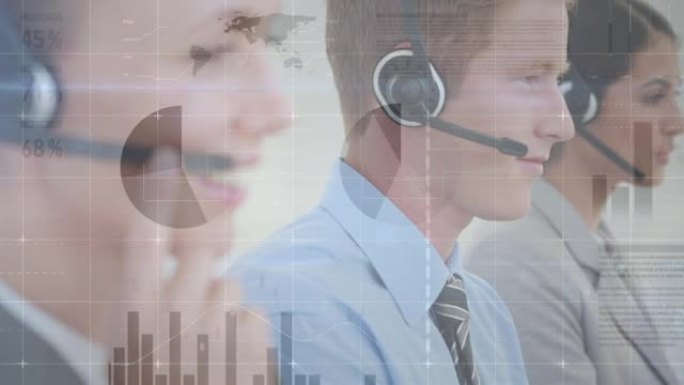 使用电话耳机对商务人士进行统计记录的动画
