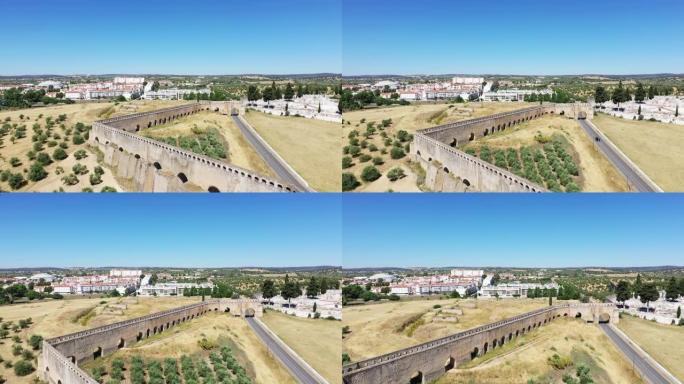 夏季，Elvas的渡槽和葡萄牙干旱乡村的城市防御工事，位于Elvas的Portalegre区。