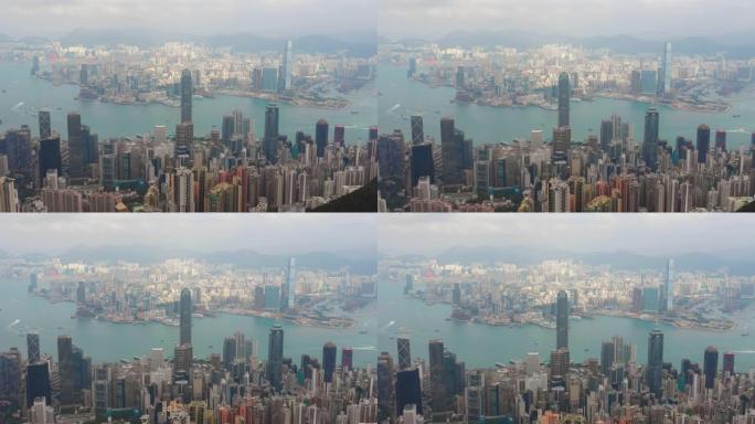 晴天飞越香港城市景观维多利亚港市中心交通空中全景4k