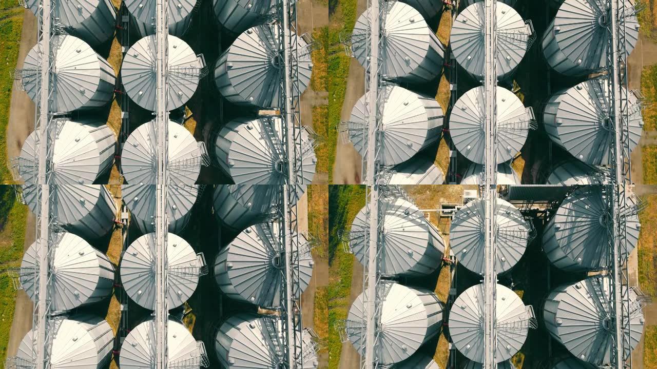 谷物加工厂顶部工业电梯的鸟瞰图。储粮电梯的俯视图
