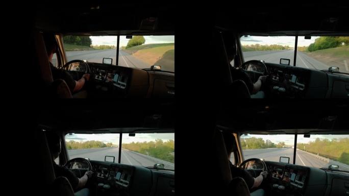 卡车司机乘坐目的地货物。在温暖的夏日在公路上驾驶卡车。慢动作宽动作