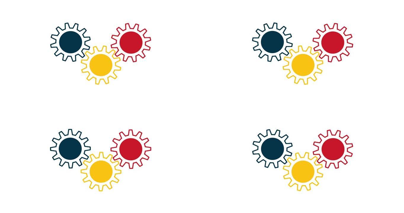 三个蓝色，红色和黄色齿轮在白色背景上旋转。4k分辨率动画。旋转齿轮动画