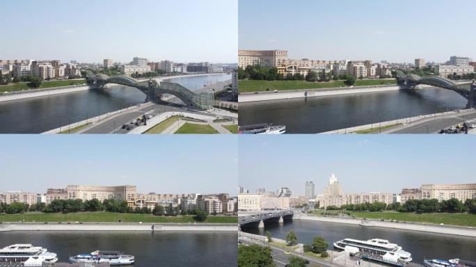 莫斯科河的鸟瞰图，汽车船，建筑师之家，在基辅斯基火车站和欧洲广场附近