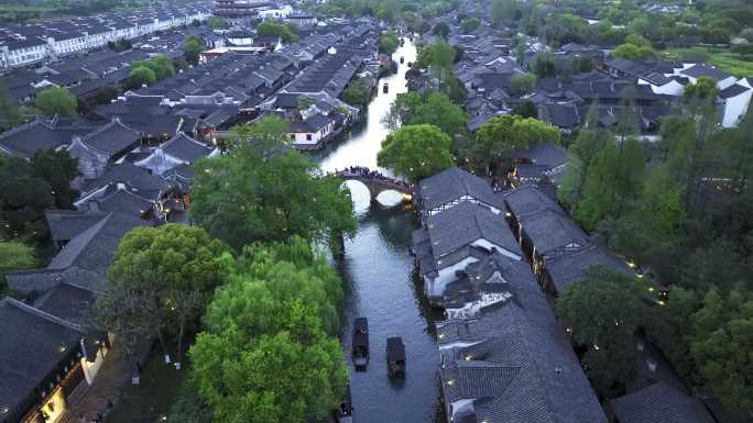 航拍江南水乡乌镇古镇夜景