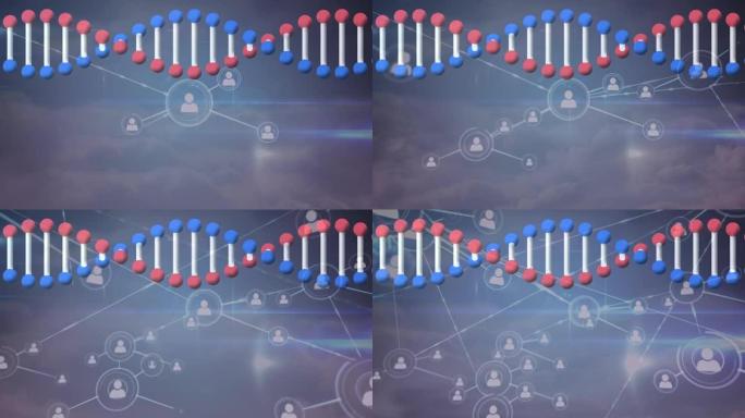 蓝色背景上与dna链连接网络的动画