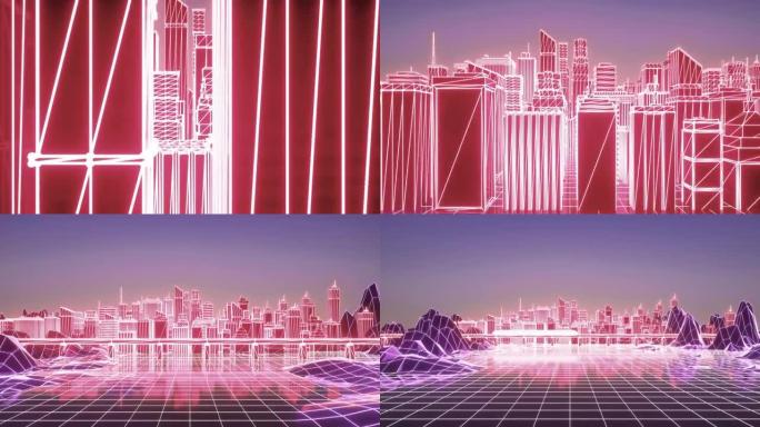 霓虹灯城市。未来派霓虹灯摩天大楼背景。商业和技术概念