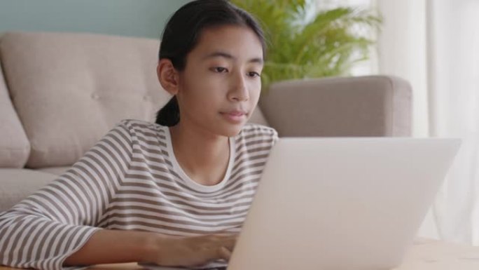 亚洲女孩穿长袖在家客厅用笔记本电脑