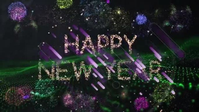 闪闪发光的文字动画新年快乐，烟花在起伏的绿点景观上