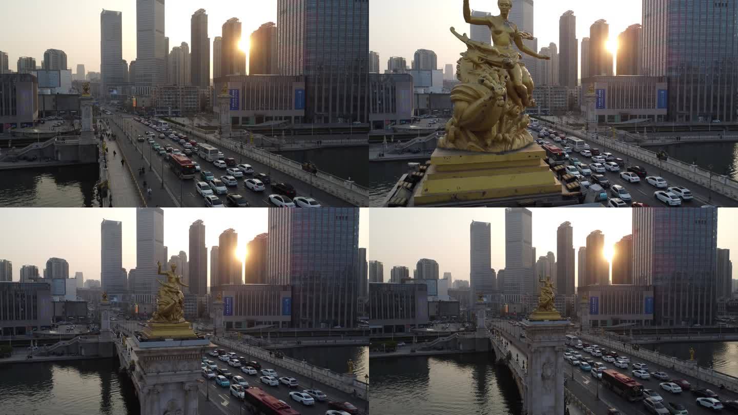 0065清4k航拍天津海河北安桥雕塑夕阳