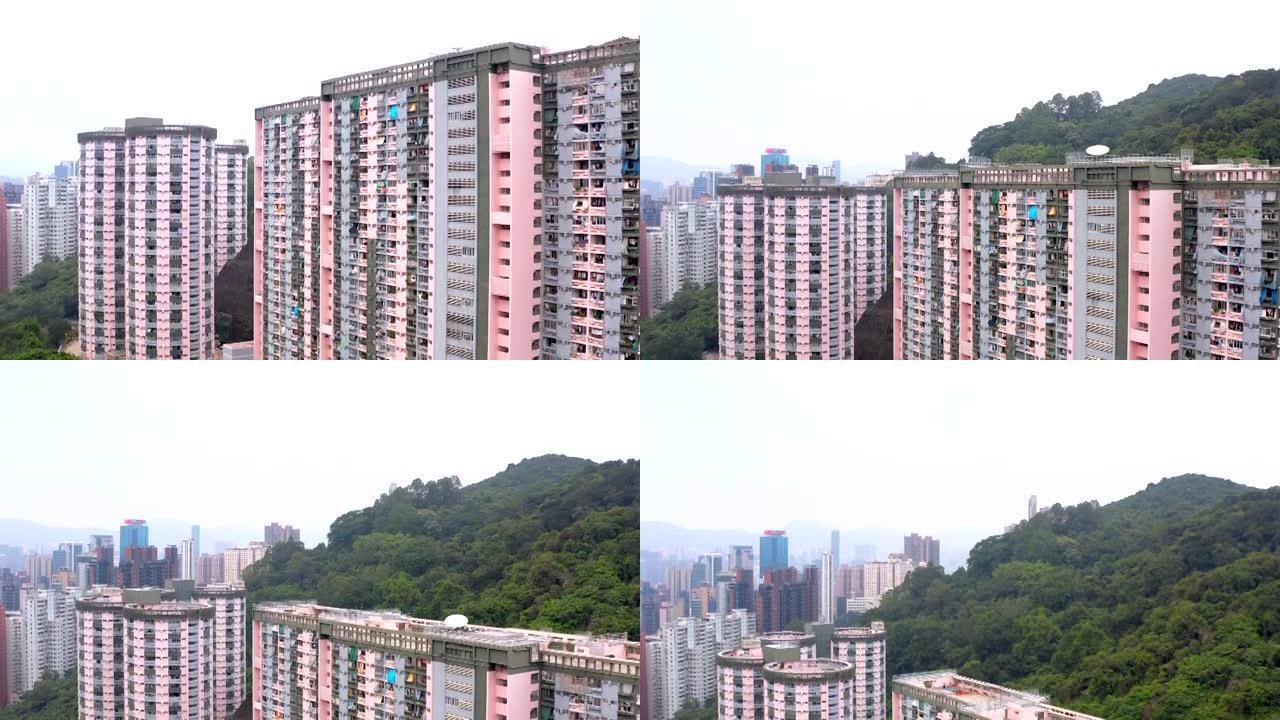 香港公共屋邨，荔德村地区。白天，航拍镜头