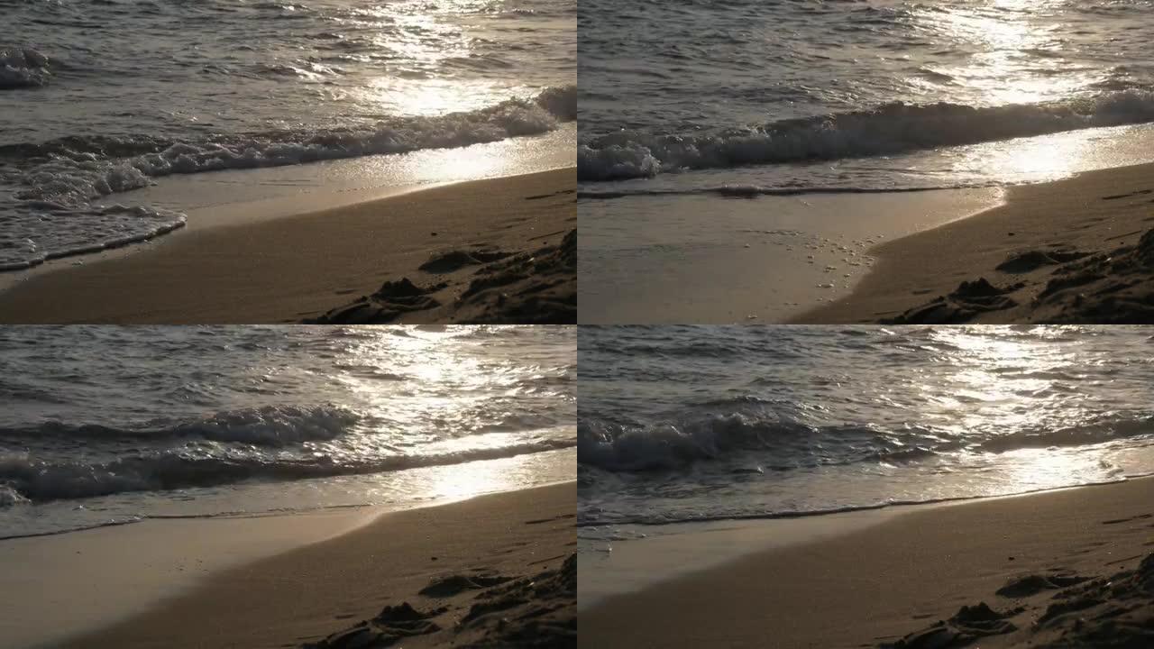 波浪海4k镜头上的日出太阳反射