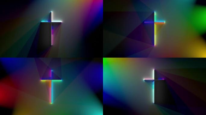 墙上光滑的3D圣十字，环绕背景旋转的环形棱柱照明