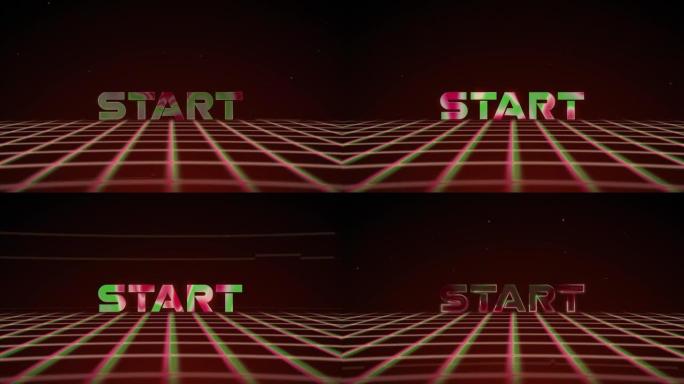 Synthwave线框网80s，文本以红色背景开头。复古未来主义背景。3d插图渲染无缝循环。4k