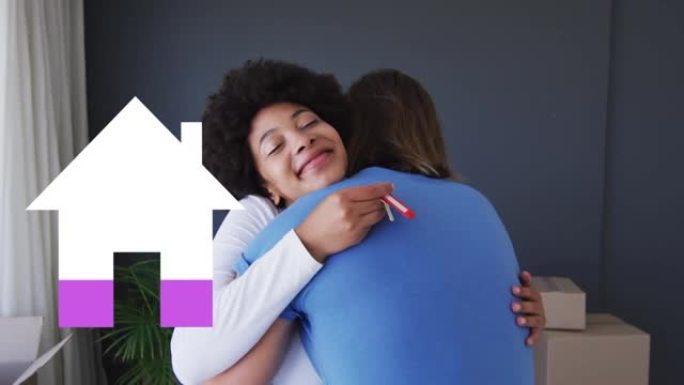 房子图标填充粉红色的动画，超过幸福的夫妇，房子钥匙拥抱