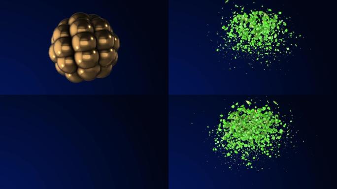 几个圆球的破裂和破裂-爆炸细菌-爆炸原子核-彩色爆炸动画，可循环-循环4k爆炸球-3D球臂-金色