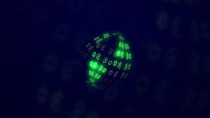 在黑暗的空间中，一个抽象的球体，带有各种宗教的发光符号。轻元素以球形运动。