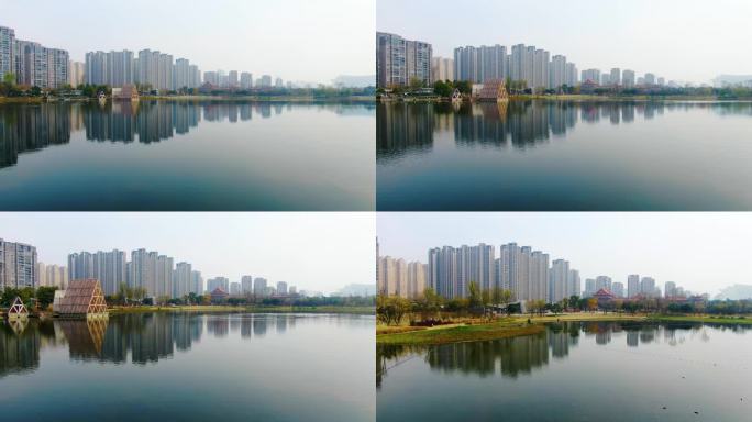 锦城湖水中城市倒影