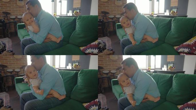 父亲在家照顾蹒跚学步的儿子