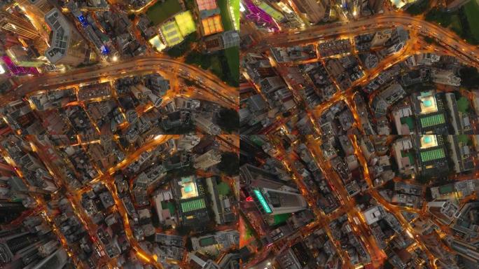 日落之夜照明香港城市交通街道湾仔区空中俯冲全景4k