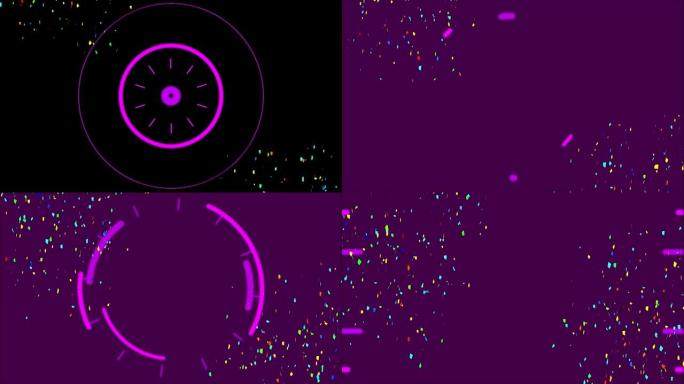 粉红色圆形扫描仪在深色背景上移动的彩色五彩纸屑的动画