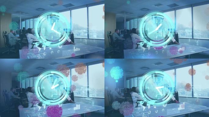 在办公室工作的虚拟现实耳机中，时钟和covid病毒细胞的动画