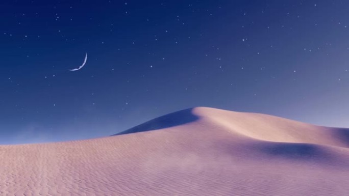 夜空3D动画中有半月和星星的沙漠景观