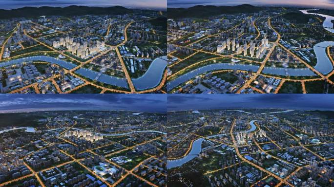 航拍江景房区位夜景三维动画