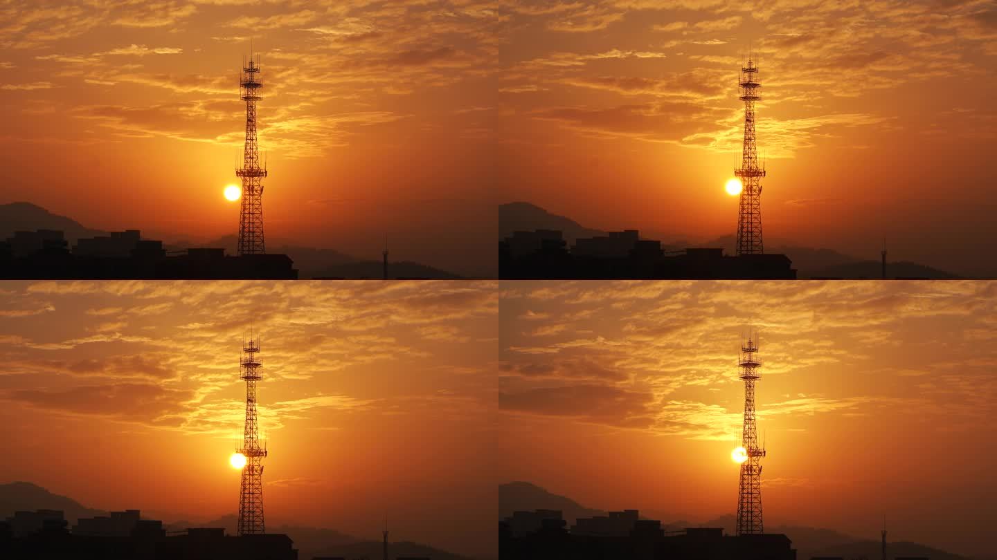 日出延时太阳从铁塔升起信号塔唯美早霞风景