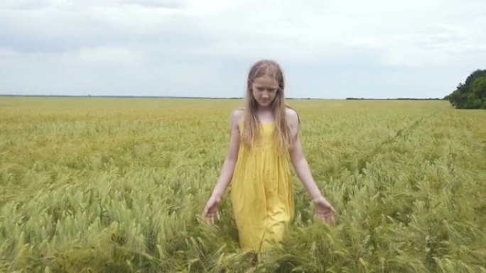 童女走在麦田里摸着麦穗