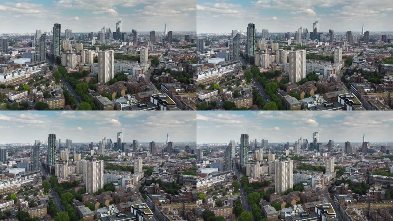 伦敦的鸟瞰图，向东看伊斯灵顿的露台房屋