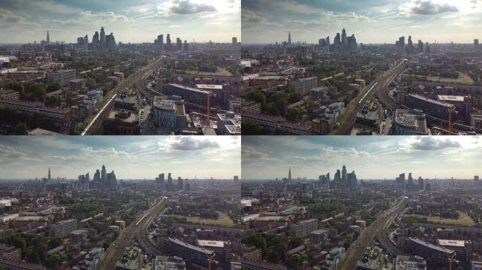 从贝斯纳尔绿色公园 (Bethnal Green Park) 俯瞰伦敦的高角度镜头，向西望向城市